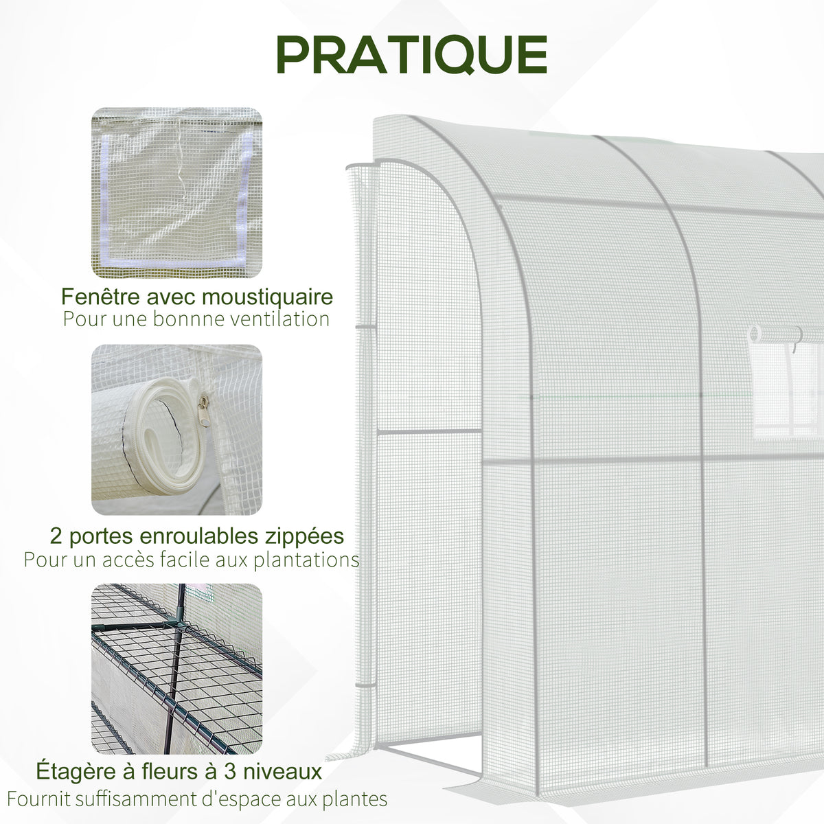 Serre de jardin PE avec étagères 3 niveaux, serre de balcon, bâche renforcée 140 g/m², châssis en acier blanc