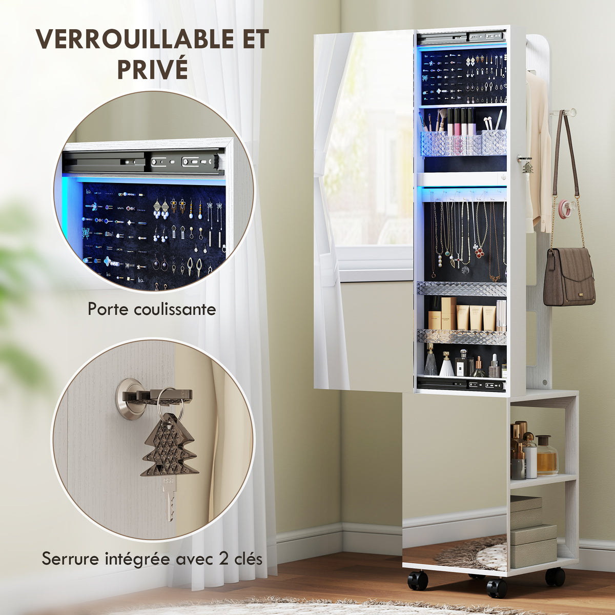 Armoire à bijoux armoire avec miroir sur pied pivotante à 360° éclairage LED 37x40x165,5cm cadre blanc, doublure noire