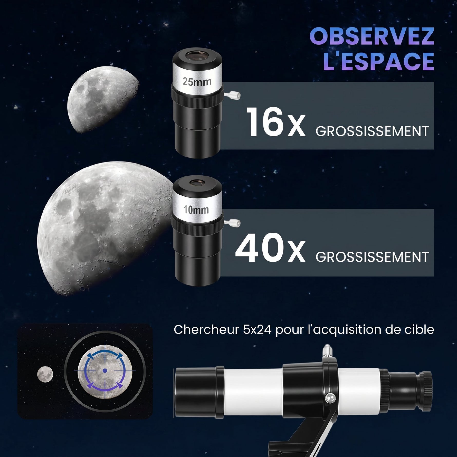 Télescope Astronomique pour Adultes et Débutants 70 mm, 2 Oculaire 40X/16X, Trépied Réglable, 80 x 80 x 135 cm, Blanc