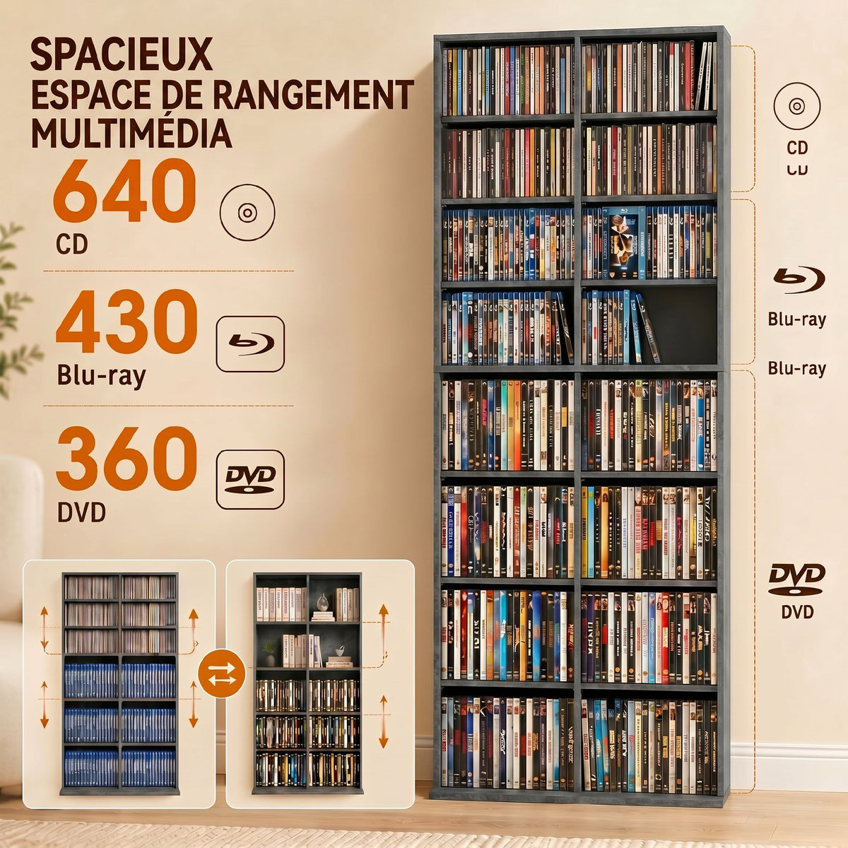Rangements pour CD et DVD 18 compartiments capacité max. 640 CD/360 DVD 430 Blu-ray 78,5 x 24 x 175 cm gris clair