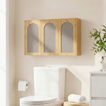 Armoire murale de salle de bain bohème avec 3 portes effet rotin à fermeture douce et étagère réglable, chêne