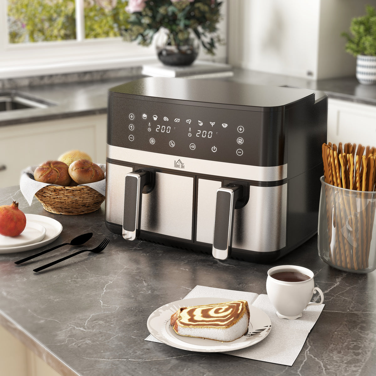 Olio gabeko aire-frijigailua, Air Fryer, konpartimentu bikoitza 8,5 L, 2700 W - 8 programa, tenperatura erregulagarria, tenporizadorea