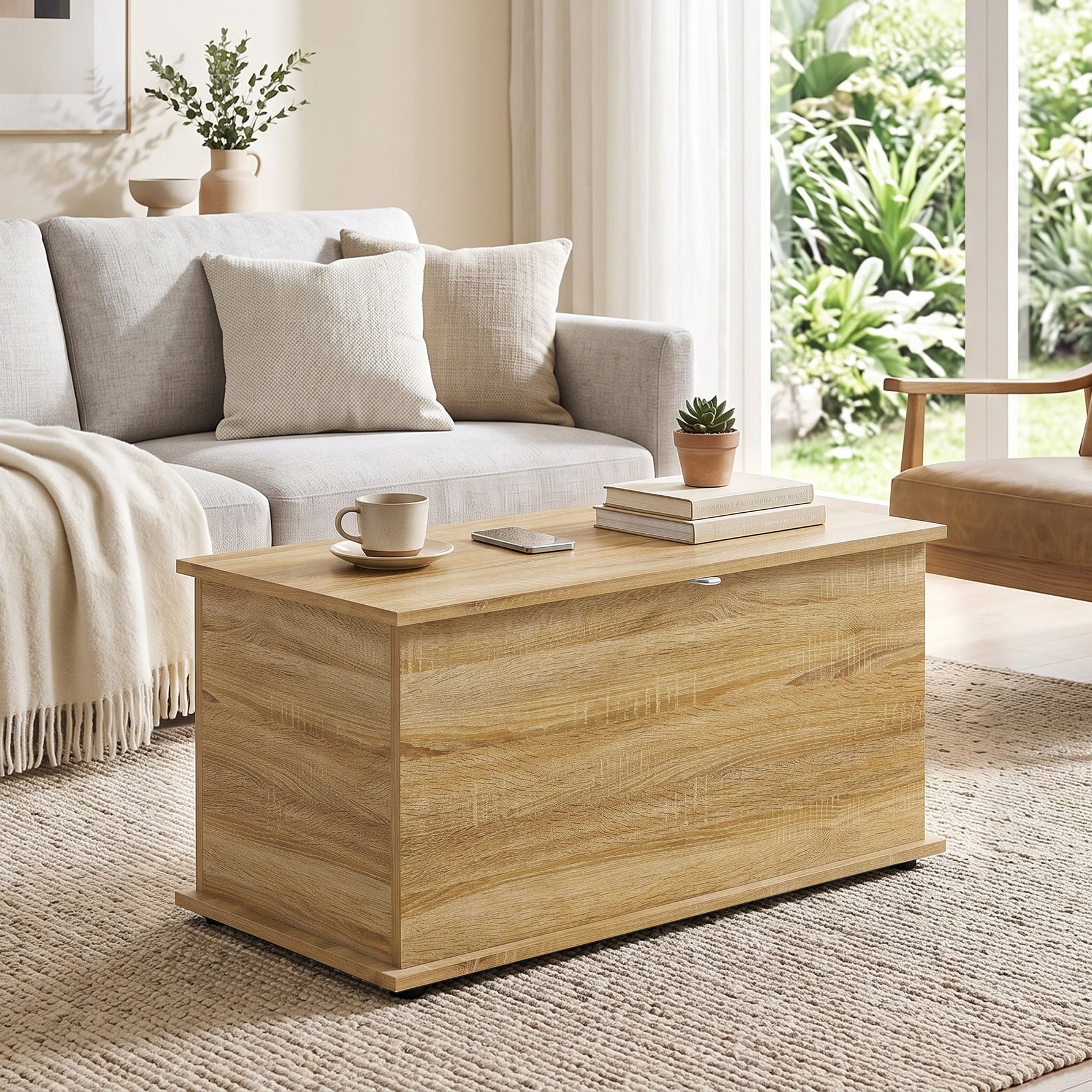 Coffre de Rangement, Banc de Rangement avec Couvercle Rabattable et Charnières de Sécurité, 80 x 40 x 45 cm, Naturel