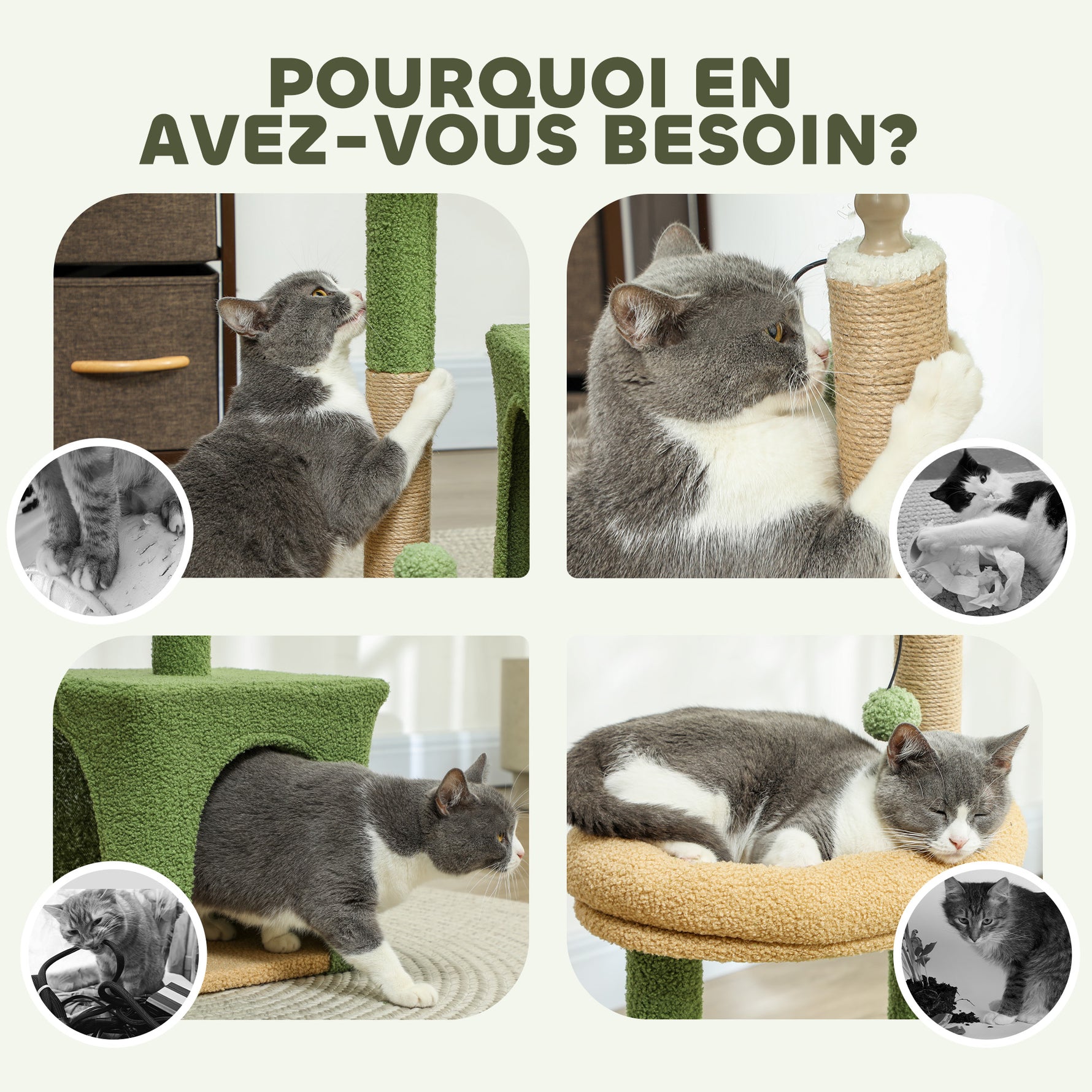 Arbre à chat tour de jeux pour chat avec niche lit griffoirs balles et feuilles artificielles 44 x 30 x 98 cm vert
