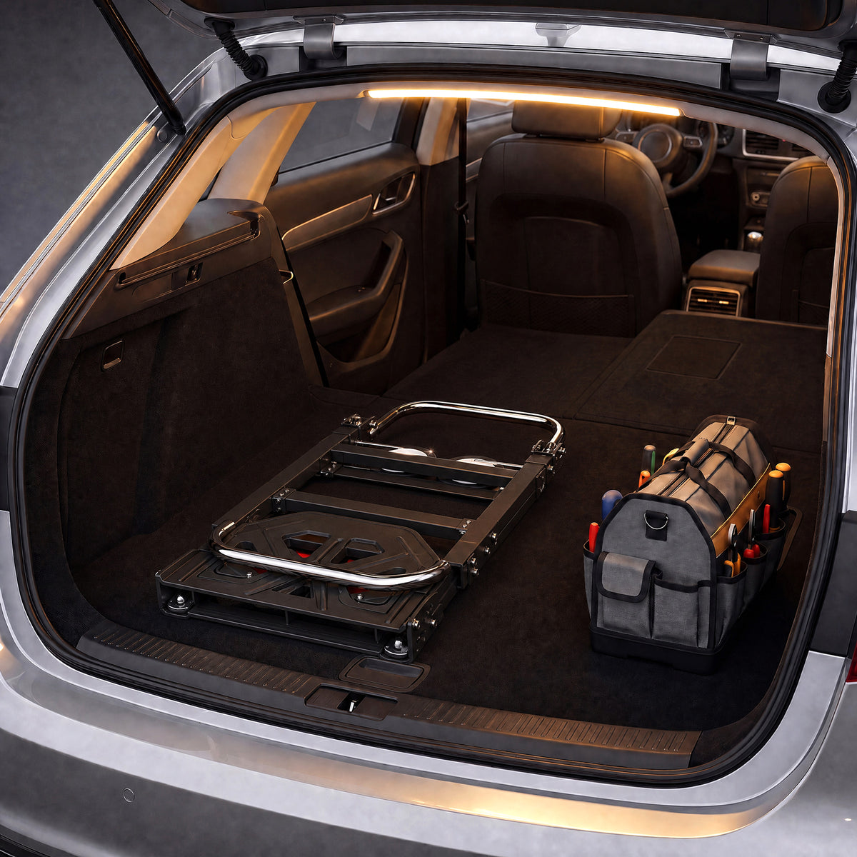 2-en-1 Orga erabilgarria, 220 kg-ko karga-ahalmena, tolesgarria, altzairuzko plataforma-orga, helduleku erregulagarria, 360°-ko gurpilak, 112x41x92 cm, beltza