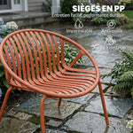 Salon de Jardin Ensemble Bistro 3 Pièces Table Basse à Plateau Concave Acier et Polypropylène 80x70x75cm Rouge Brique