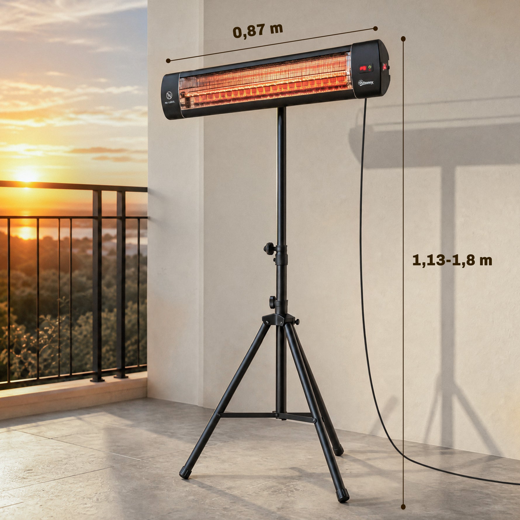 Radiateur Infrarouge sur Pied 2500 W IP65, Télécommande, Minuterie, 3 Niveaux, Hauteur Réglable, 87x81x180cm, Noir