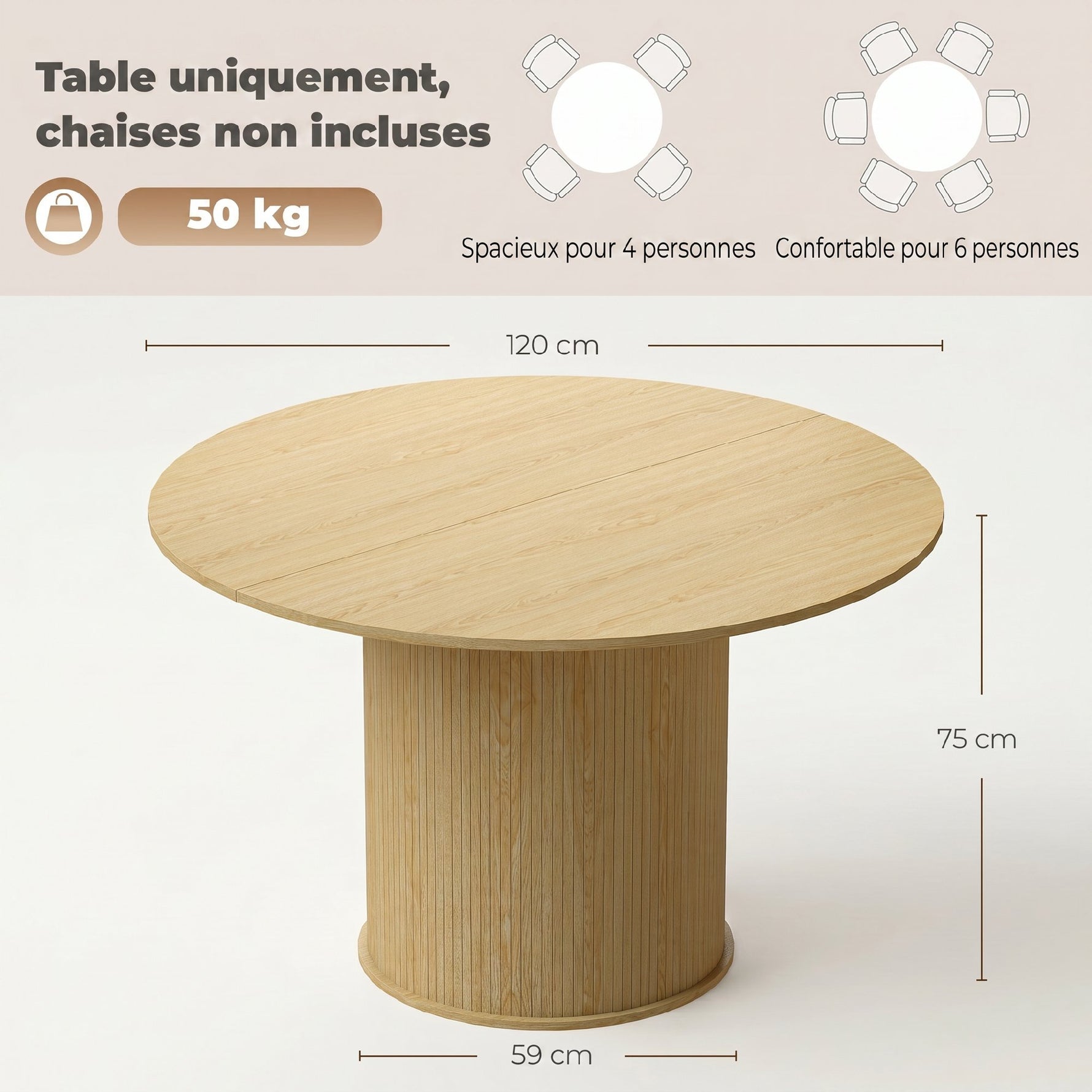 Table à manger ronde pour 4-6 personnes, Ø 120 x 75 cm, table de cuisine avec base cylindrique cannelée, bois naturel