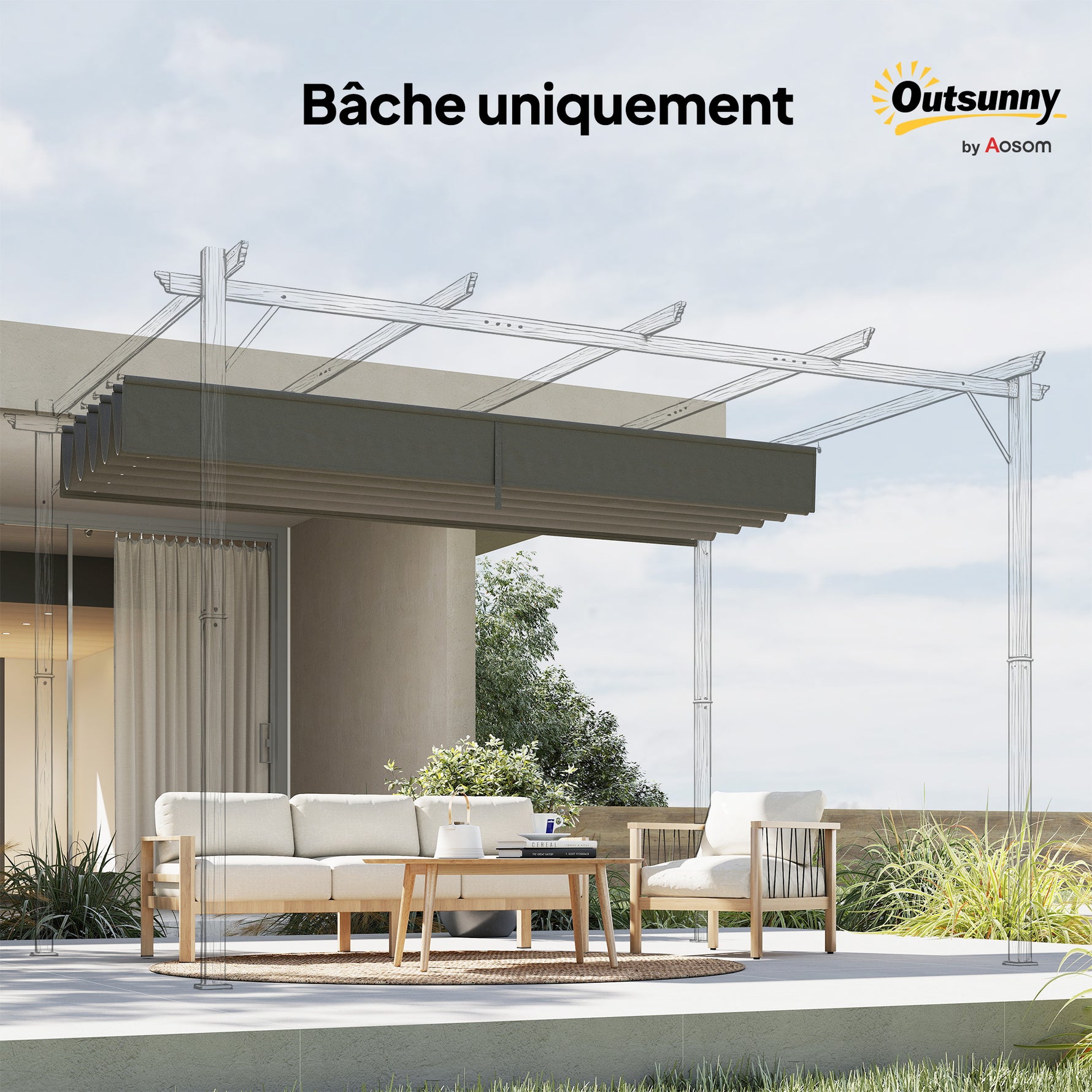 Toile de toit pour pergola tonnelle rétractable de 4 x 3 m - toile uniquement 350 x 260 cm gris clair