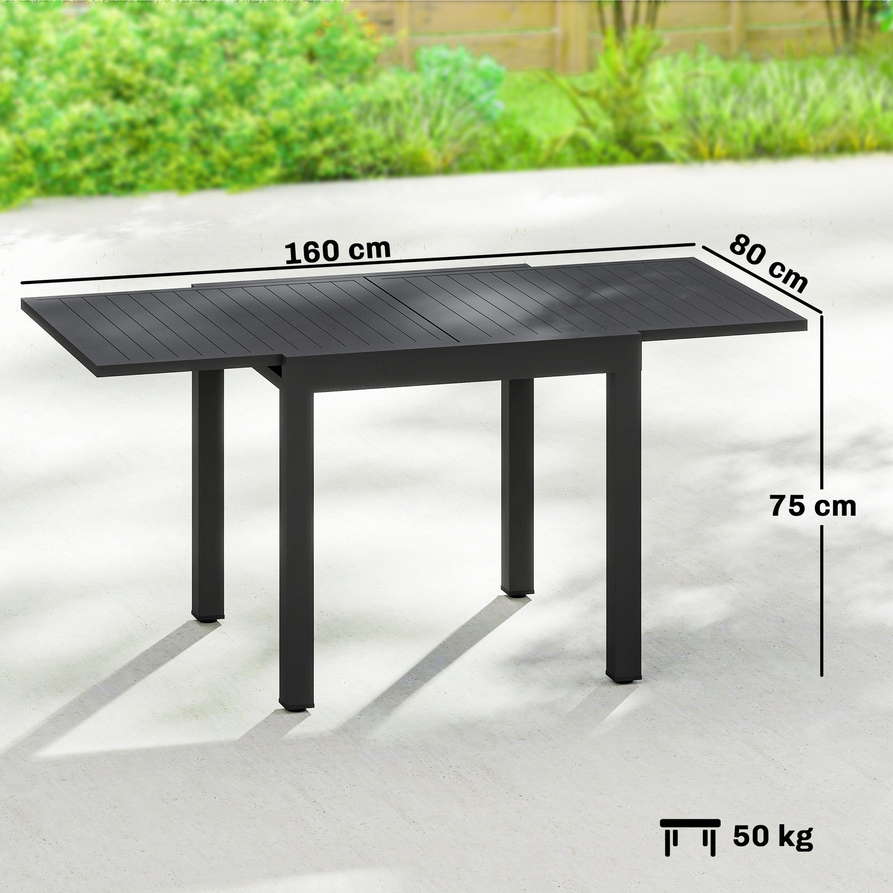 Table de jardin extensible table extérieur pour 4-6 personnes avec rallonge auto-stockée aluminium 80-160 x 80 cm noir