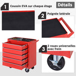 Chariot à outils sur roulettes pour atelier avec 5 tiroirs verrouillable 2 clés acier 69 x 33 x 75 cm rouge