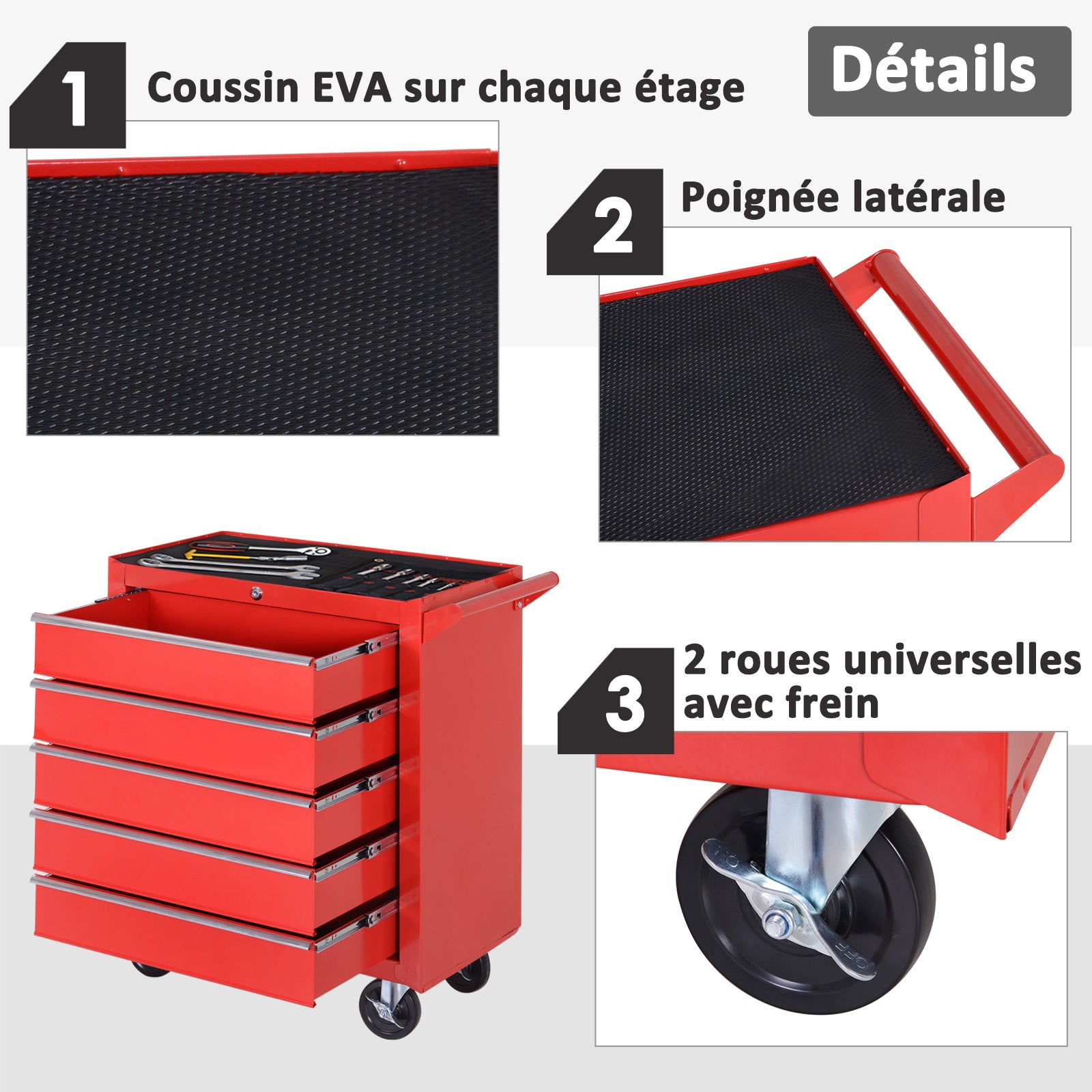Chariot à outils sur roulettes pour atelier avec 5 tiroirs verrouillable 2 clés acier 69 x 33 x 75 cm rouge