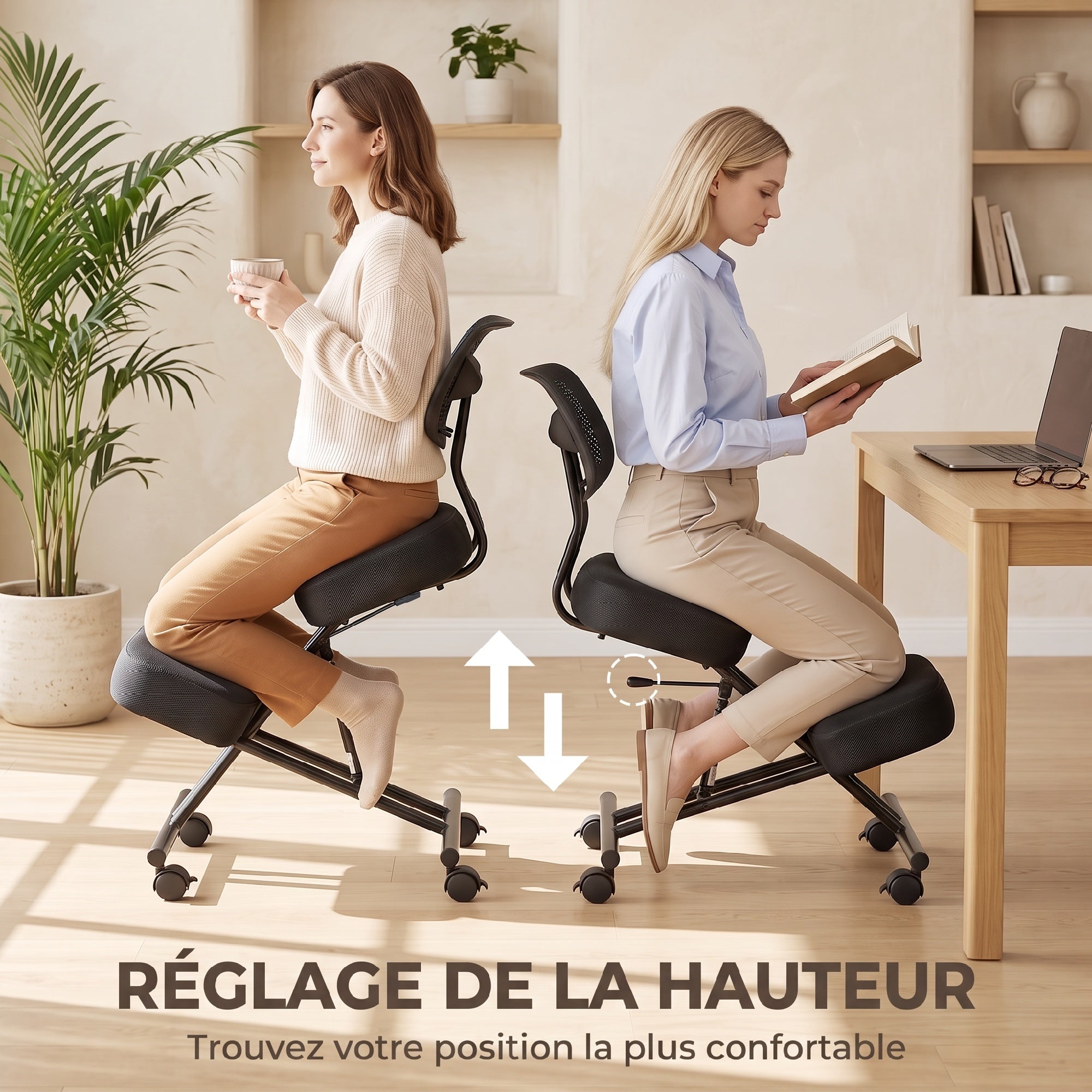 Sedia ergonomica inginocchiatoio con schienale, seduta ergonomica regolabile in PU su ruote, nero