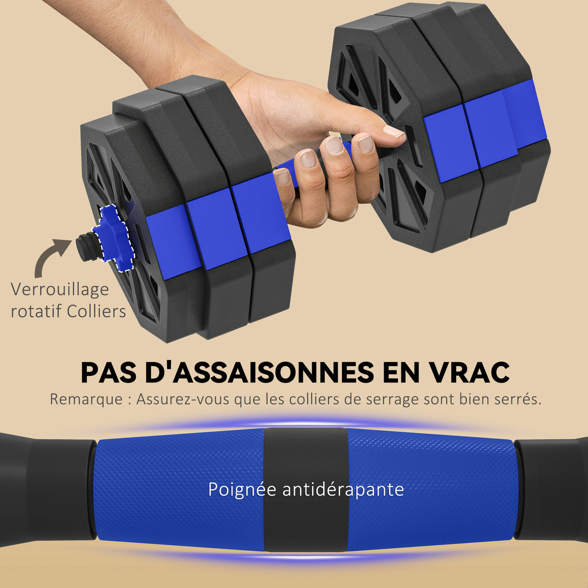 Set di manubri per bodybuilding 6-in-1, manubrio regolabile da 30 kg, kettlebell, bilanciere, supporto per flessioni, blu