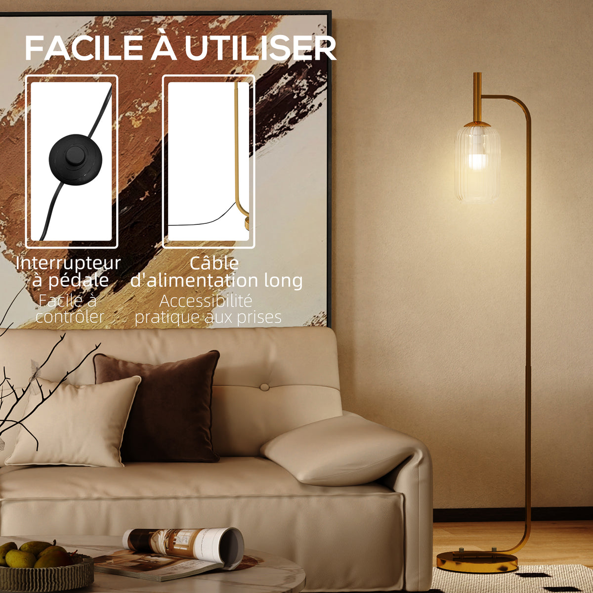 Lampadaire sur pied salon lampe sur pied avec abat-jour en verre texturé interrupteur à pied 29 x 25 x 152 cm métal or