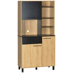 Armoire de cuisine multi-rangements avec tiroir 3 placards 4 niches et passe-câbles hauteur 180 cm noir et bois naturel