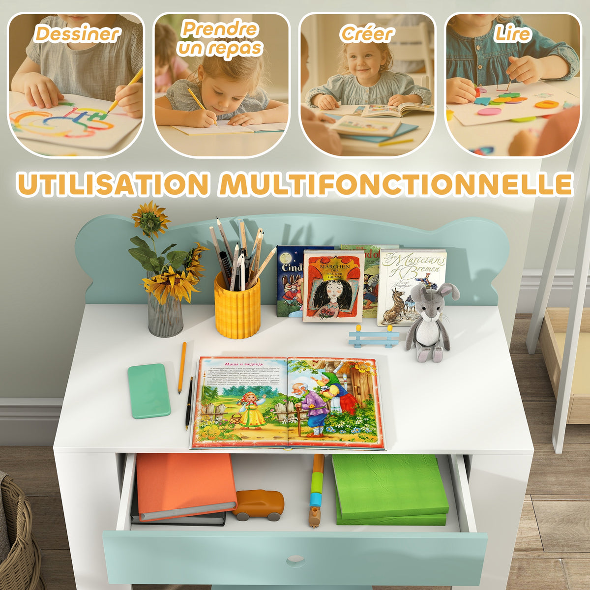 Bureau enfant avec chaise, table enfant et chaise avec tiroir et large plateau, 80 x 41 x 74,5 cm, vert