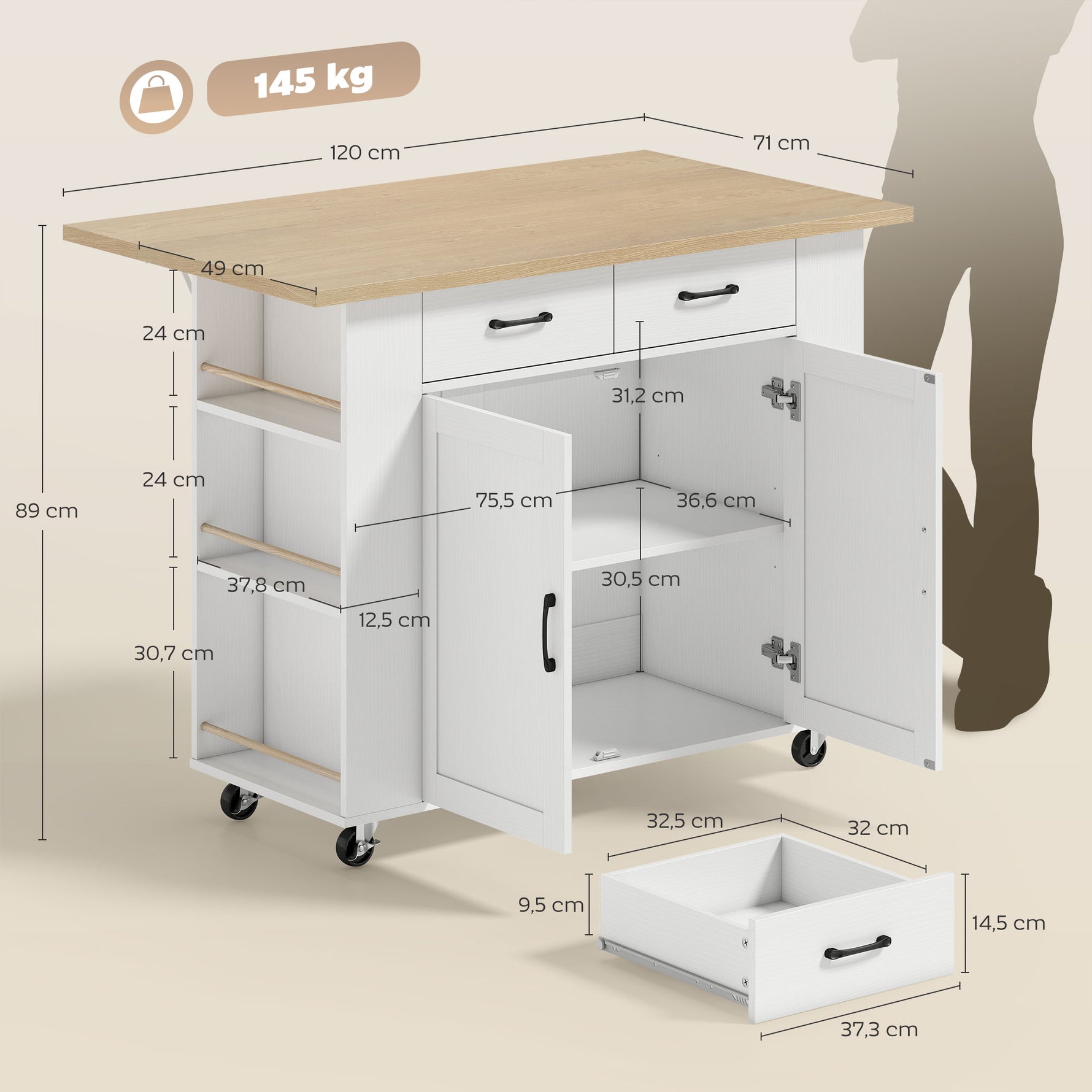 Îlot de Cuisine avec Station de Charge, Chariot de Cuisine à Roulettes avec Plan de Travail Rabattable, 2 Tiroirs, Blanc