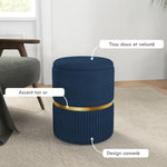 Pouf tabouret repose-pied coffre de rangement en velours côtelé 36 x 36 x 44 cm pour salon chambre bleu