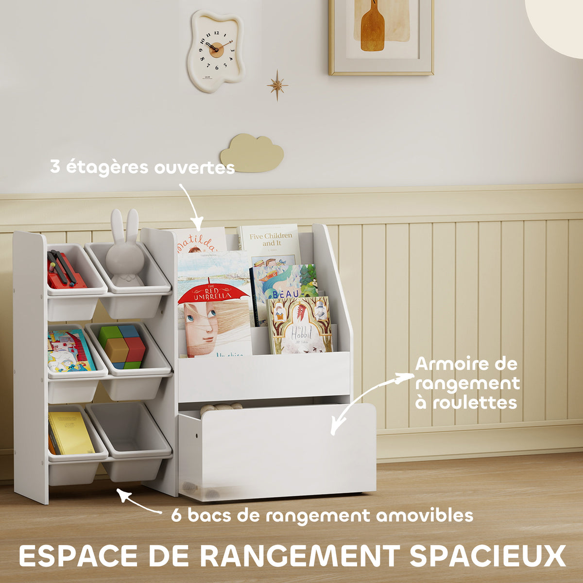 Meuble rangement enfant rangement jouet enfant 6 bacs amovibles et grand coffre à roulettes 100 x 30 x 80 cm blanc