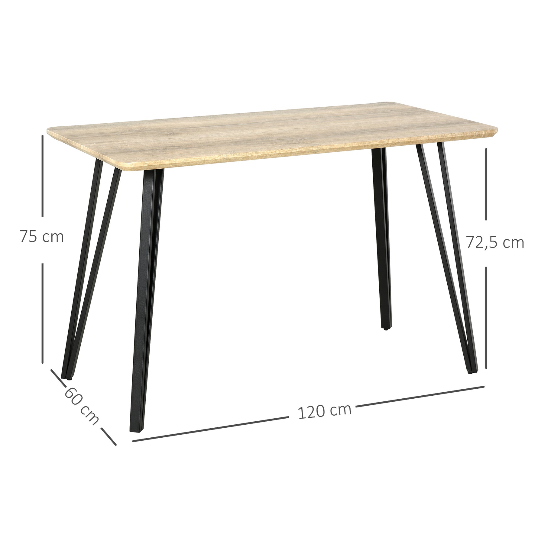 Table à manger design industriel grand plateau dim. 120L x 60l x 75H cm pieds métal noir en épingles MDF aspect chêne clair