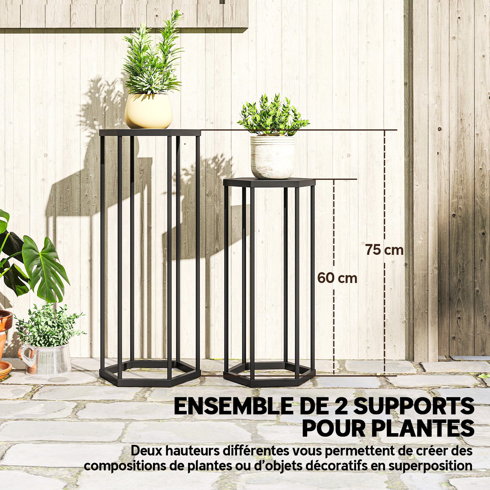 Set di 2 supporti per piante, sgabello esagonale in metallo per fiori, per interni ed esterni, nero