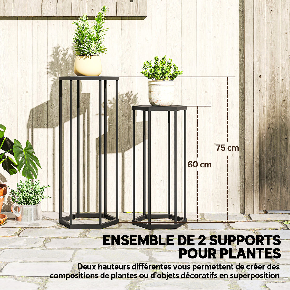 Set di 2 supporti per piante, sgabello esagonale in metallo per fiori, per interni ed esterni, nero