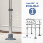 Tabouret de douche siège de douche hauteur ajustable 39-51,5 cm barre d'appui à ventouse patins à ventouse gris