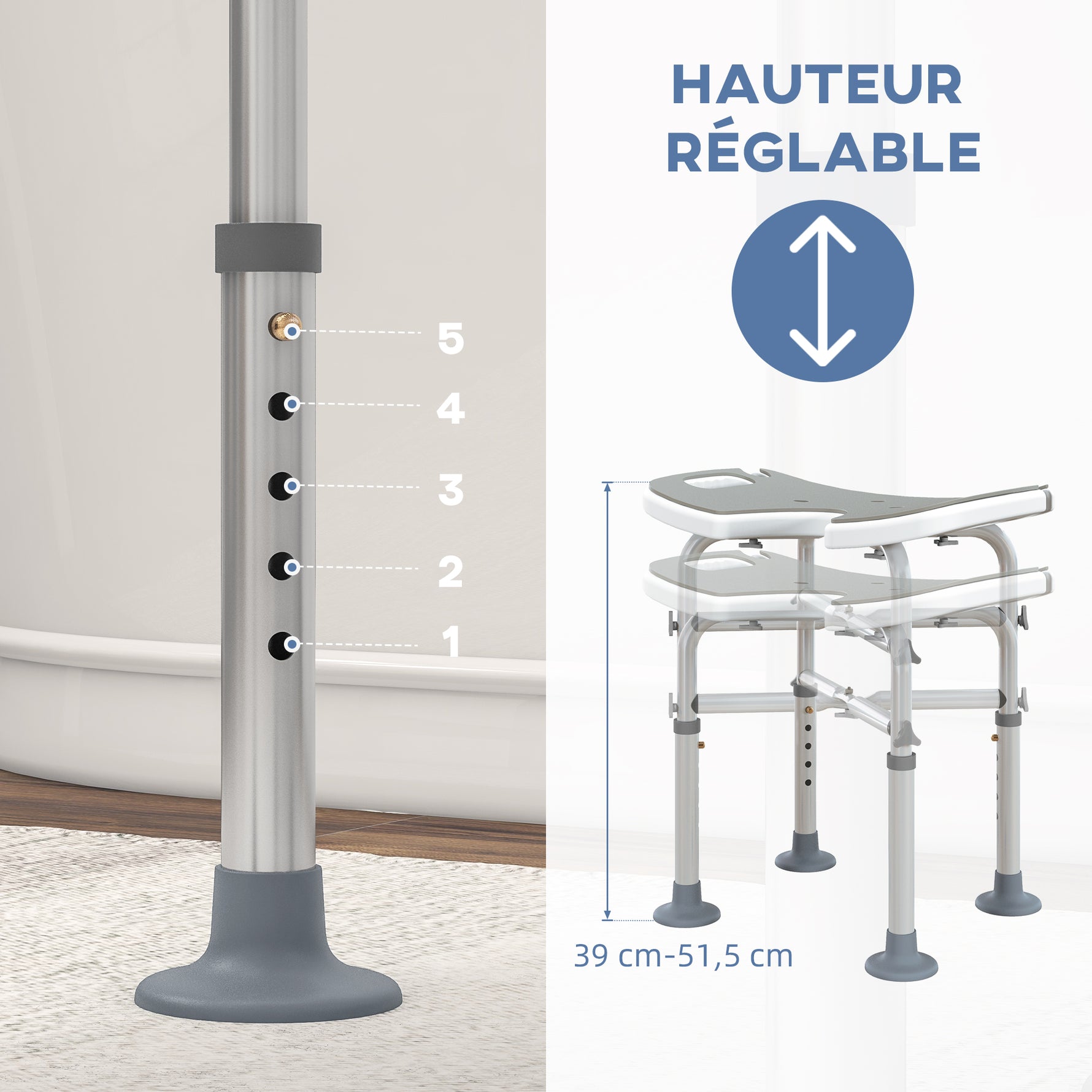 Tabouret de douche siège de douche hauteur ajustable 39-51,5 cm barre d'appui à ventouse patins à ventouse gris