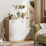 Buffet salon, meuble de rangement avec 2 tiroirs, 3 portes et étagère réglable, 106 x 35 x 76 cm, blanc et bois naturel