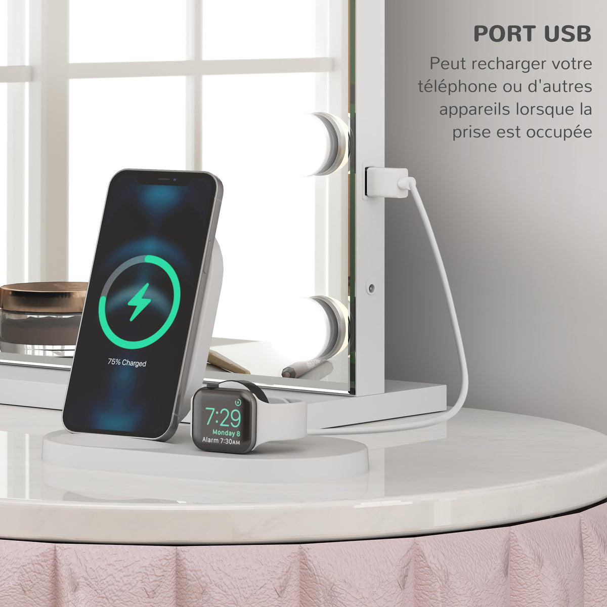 LED ispilu argiztatua, intentsitate erregulagarria, handiagotze-ispilua, USB kargatze-ataka, 80 x 62 cm