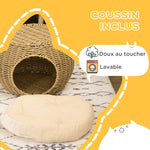 Niche panier maison pour chat 2 niveaux en résine tressée aspect rotin avec 1 coussin doux Ø 40 x 30 cm marron clair