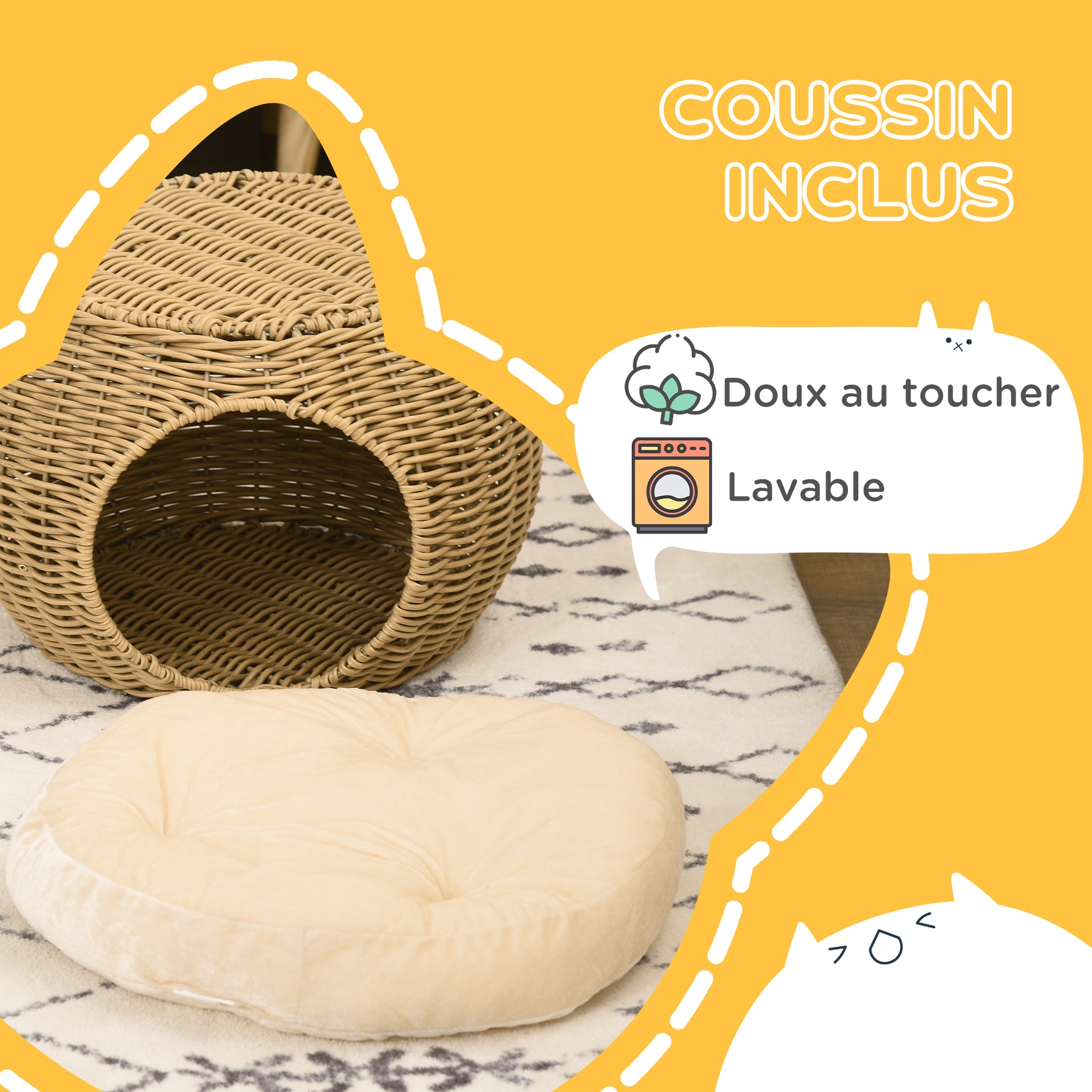 Niche panier maison pour chat 2 niveaux en résine tressée aspect rotin avec 1 coussin doux Ø 40 x 30 cm marron clair