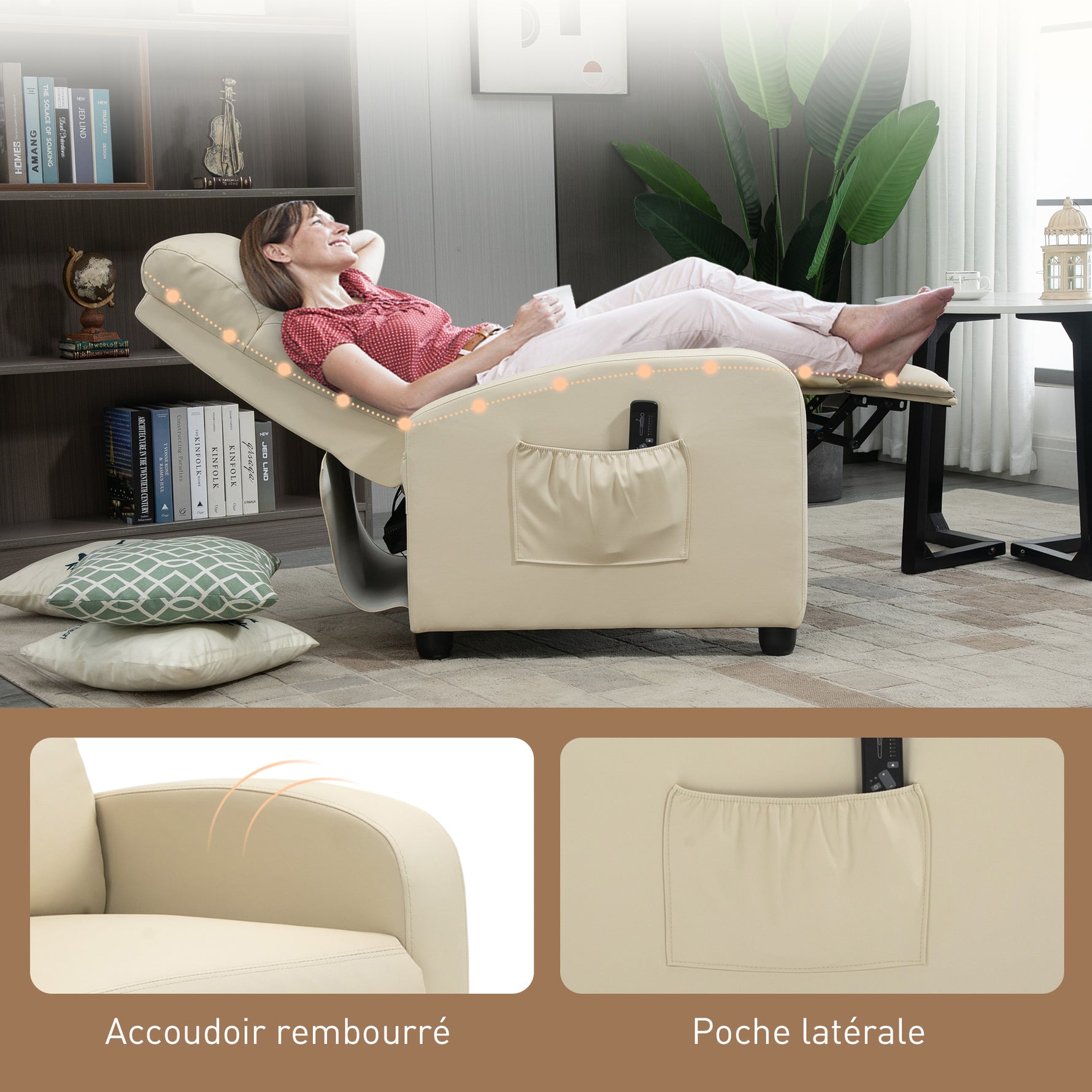 Fauteuil de Relaxation et Massage avec Inclinaison Manuelle Dossier Repose-Pied réglable revêtement synthétique Crème