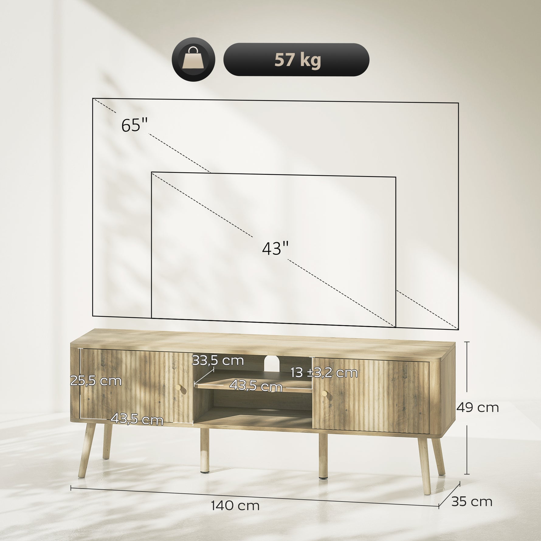 Meuble TV, meuble télé jusqu'à 65 pouces avec 2 portes, 2 compartiments ouverts, étagère réglable, 140x35x49cm, chêne