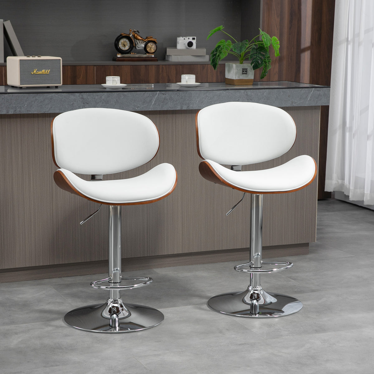 Set of 2 adjustable height bar stools, synthetic upholstery, 53 x 52 x 92-112 cm, white