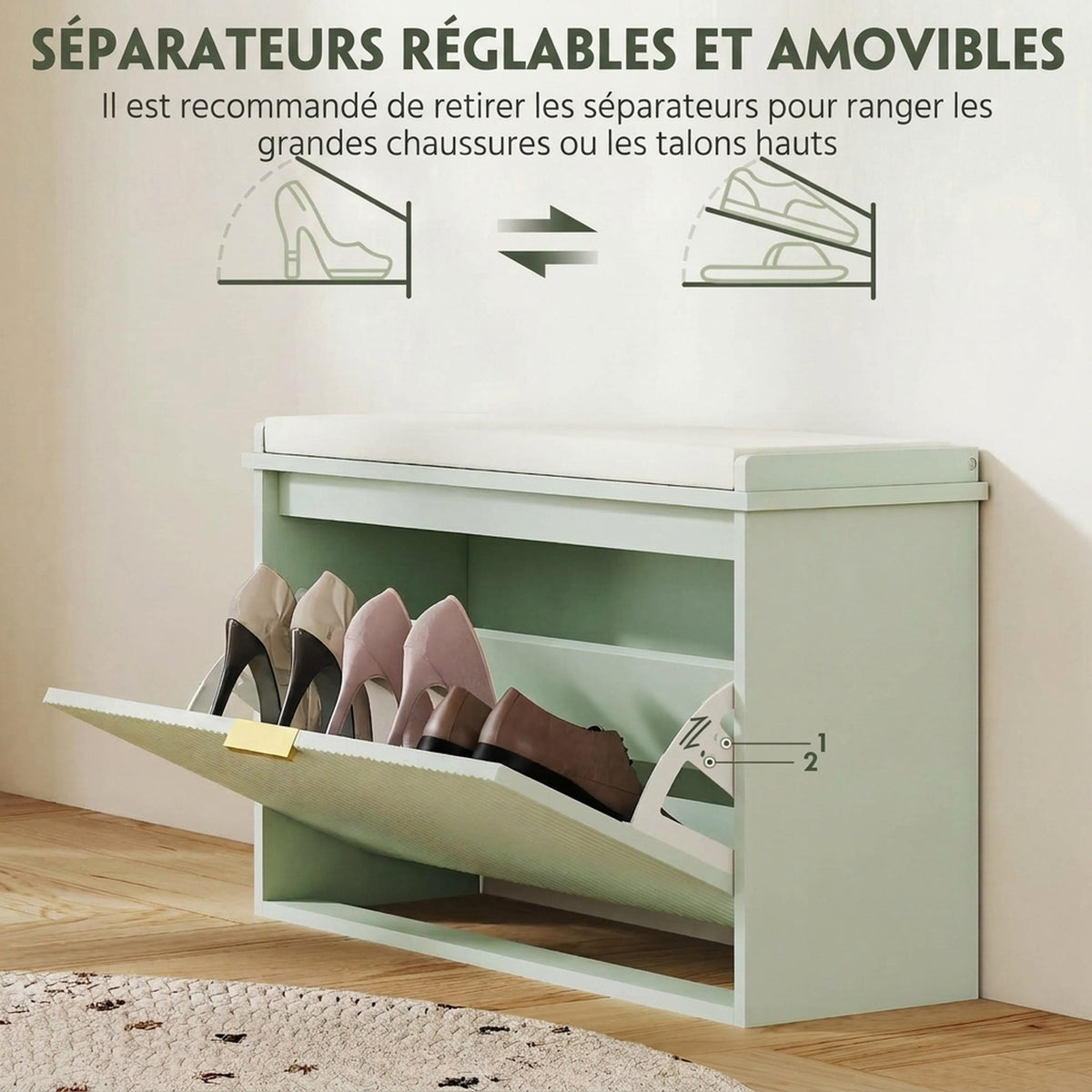 Banco zapatero con cojín de asiento acolchado y cajón abatible para pasillo, dormitorio, 80 x 26 x 47,5 cm, verde