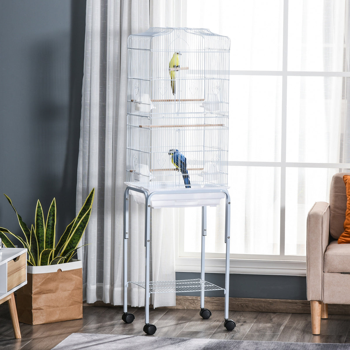 Cage à oiseaux sur pied volière oiseaux sur roulettes toit ouvrant 3 perchoirs étagère inférieure 46,5x36x157cm blanc