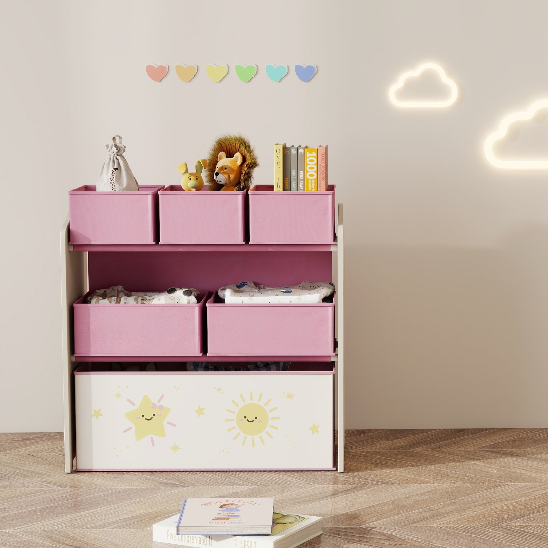 Meuble rangement enfant à 3 niveaux, étagère de rangement pour jouets enfants avec 6 boîtes en tissu amovibles, rose