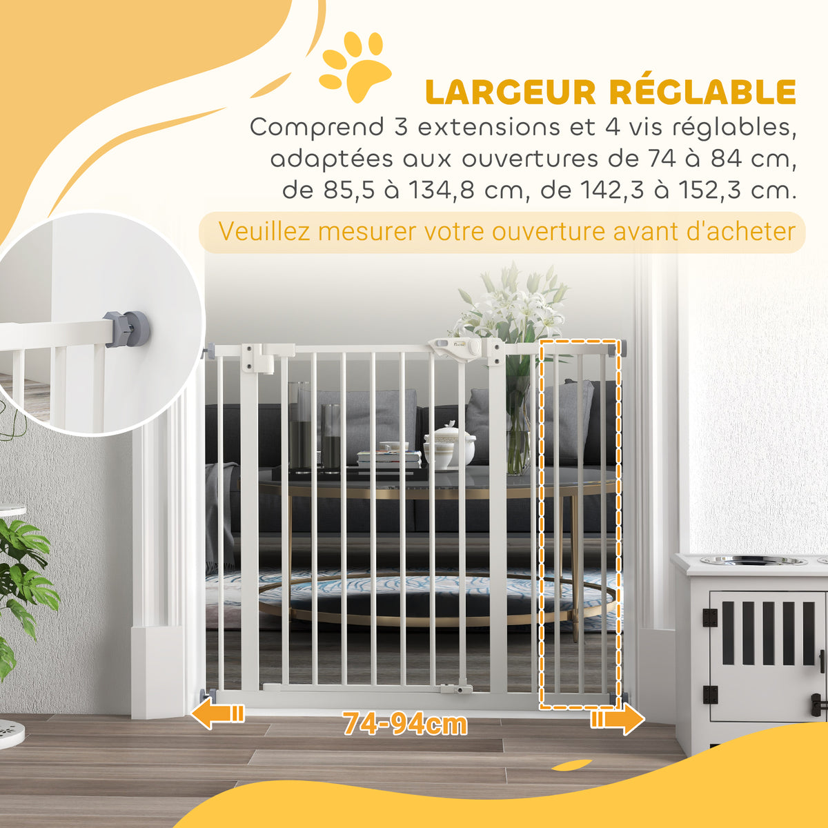 Barrière de sécurité animaux porte fermeture automatique système de double verrouillage sans perçage 1 extension blanc
