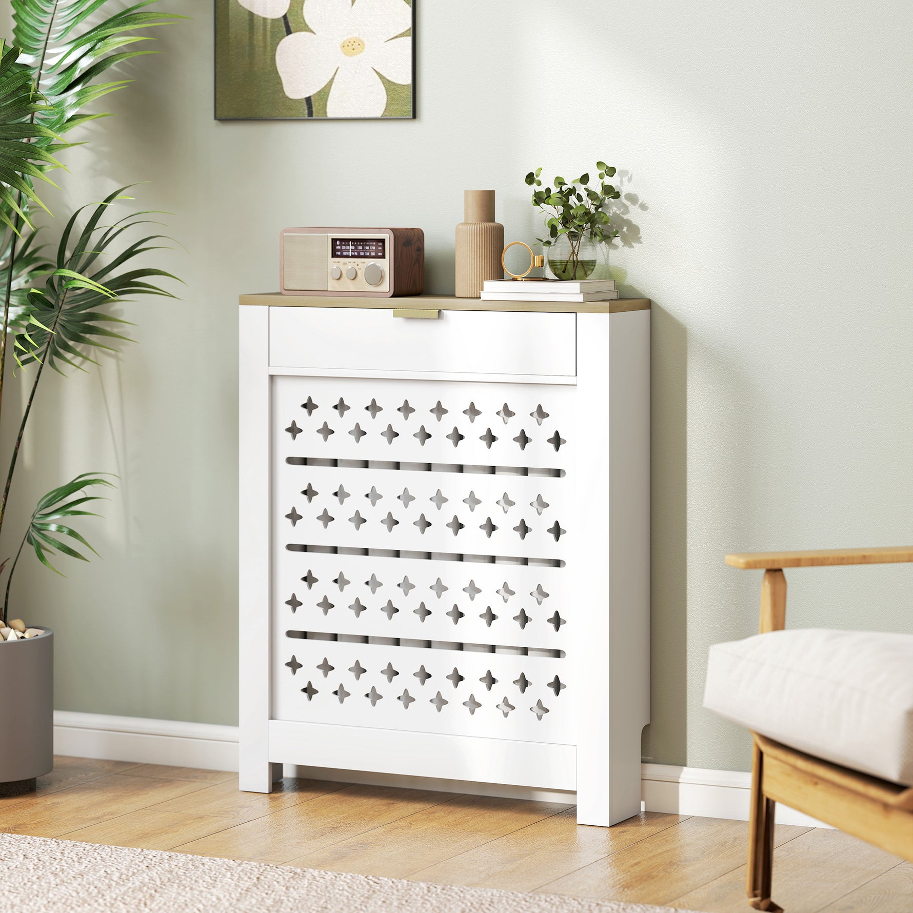 Couvercle de radiateur, cache radiateur avec placard rabattable et étagère supérieur, 78 x 19 x 95,5 cm, blanc