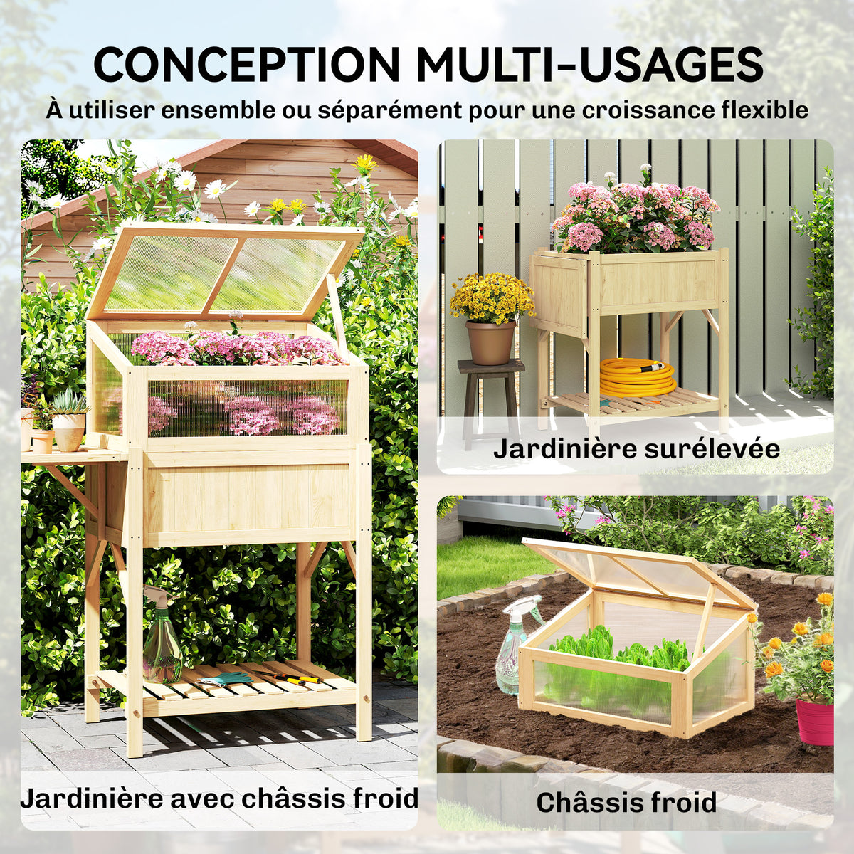 Carré potager sur pieds avec serre, jardinière surélevée, table latérale pliante et étagère, 104x50x120cm, bois naturel