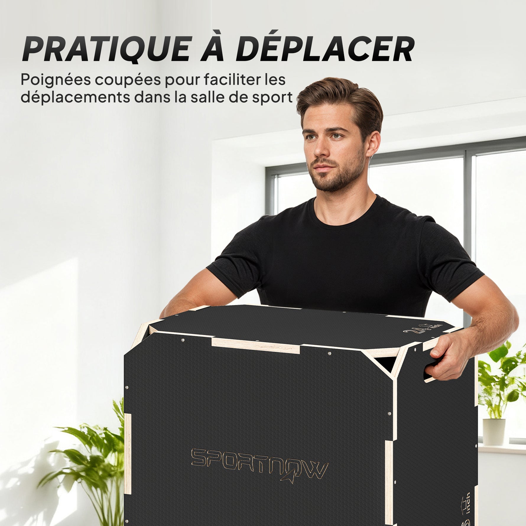 Boîte pliométrique 3 en 1 en bois pour entraînement au saut antidérapant et sans coins noir