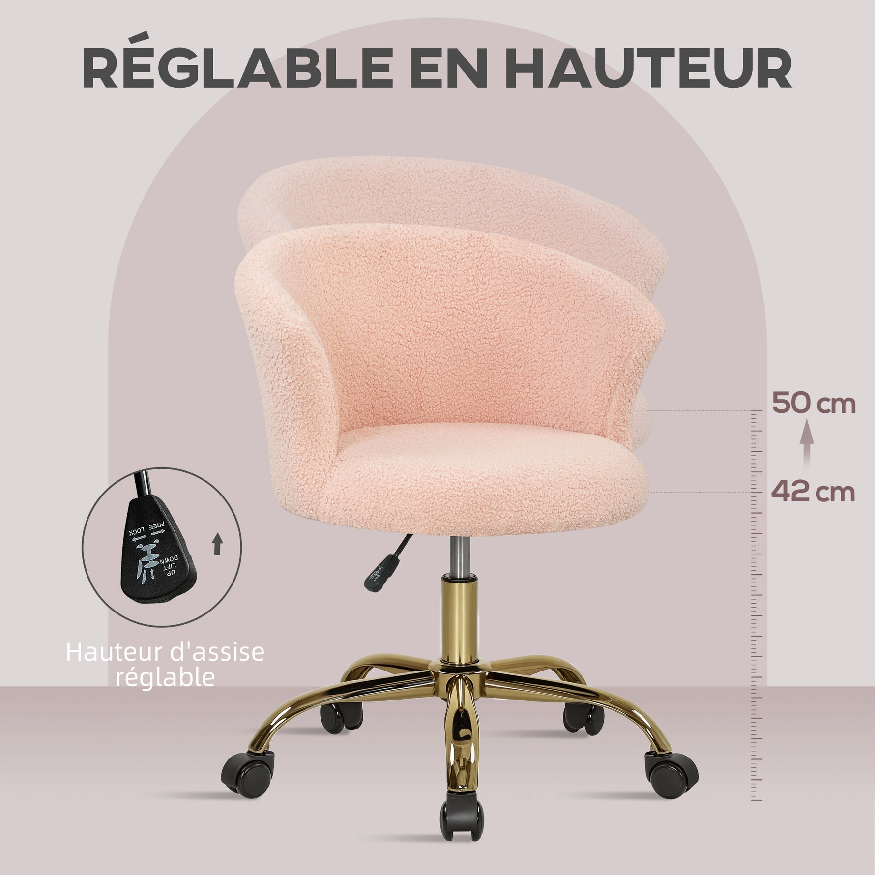 Chaise de bureau, fauteuil de bureau ergonomique réglable en hauteur, siège pivotante, piètement en acier, rose