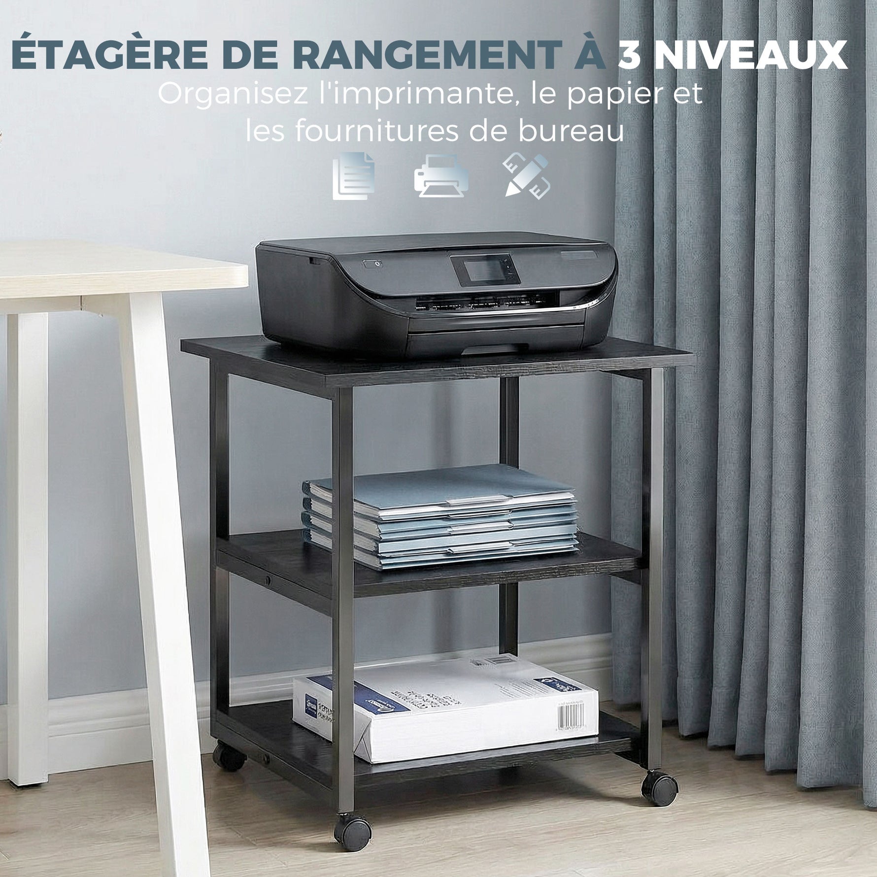 Support d'imprimante desserte de rangement 3 niveaux étagères mobile sur roulettes 50 x 50 x 52,5 cm