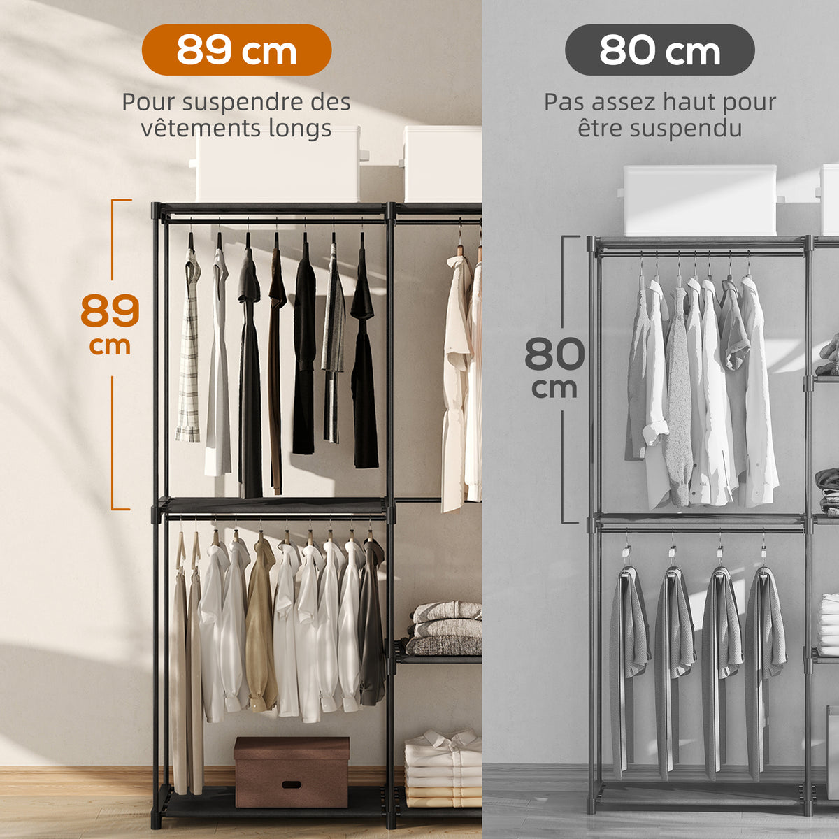 Armoire de rangement, penderie portable avec 2 barres de suspension et 6 étagères, 111 x 43 x 185 cm, noir