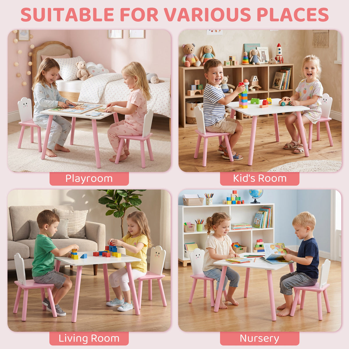 Table enfant avec chaise, ensemble table et 2 chaises en bois pour dessiner, jouer, étudier, rose-7