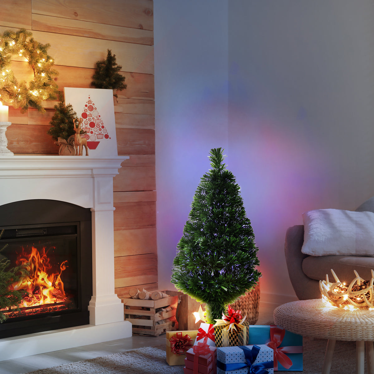 Sapin de Noël Artificiel Lumineux 90H cm Fibre Optique Multicolore + Support Pied 90 Branches Vert
