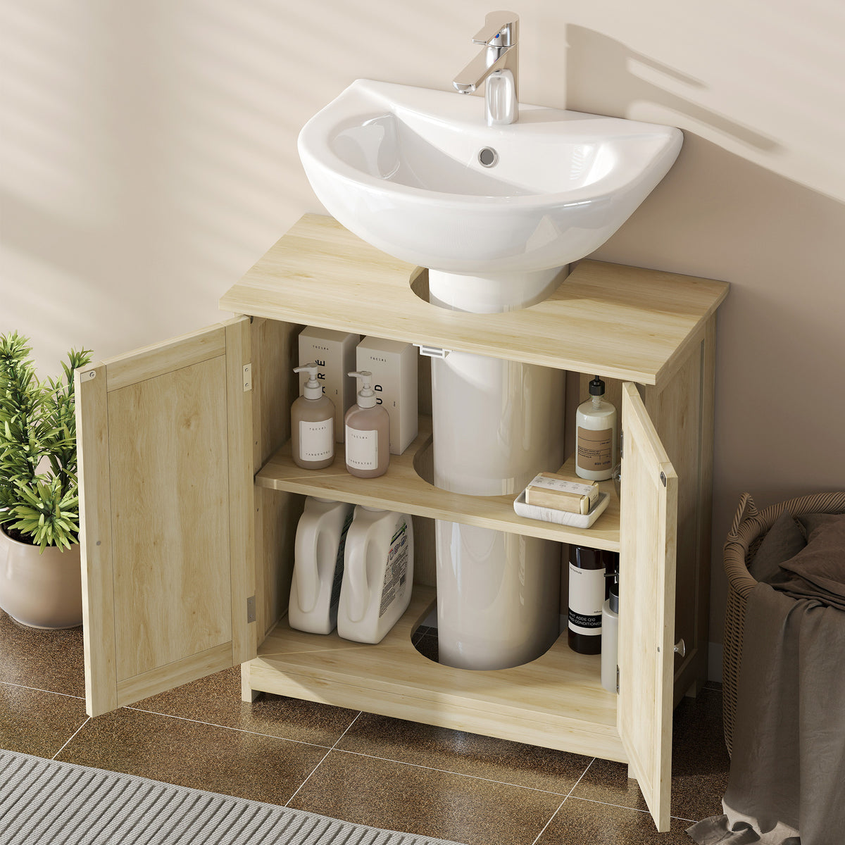 Meuble Salle de Bain sous Lavabo, Meuble sous-Vasque, Placard 2 Portes avec Étagère, 60x30x60cm, Chêne