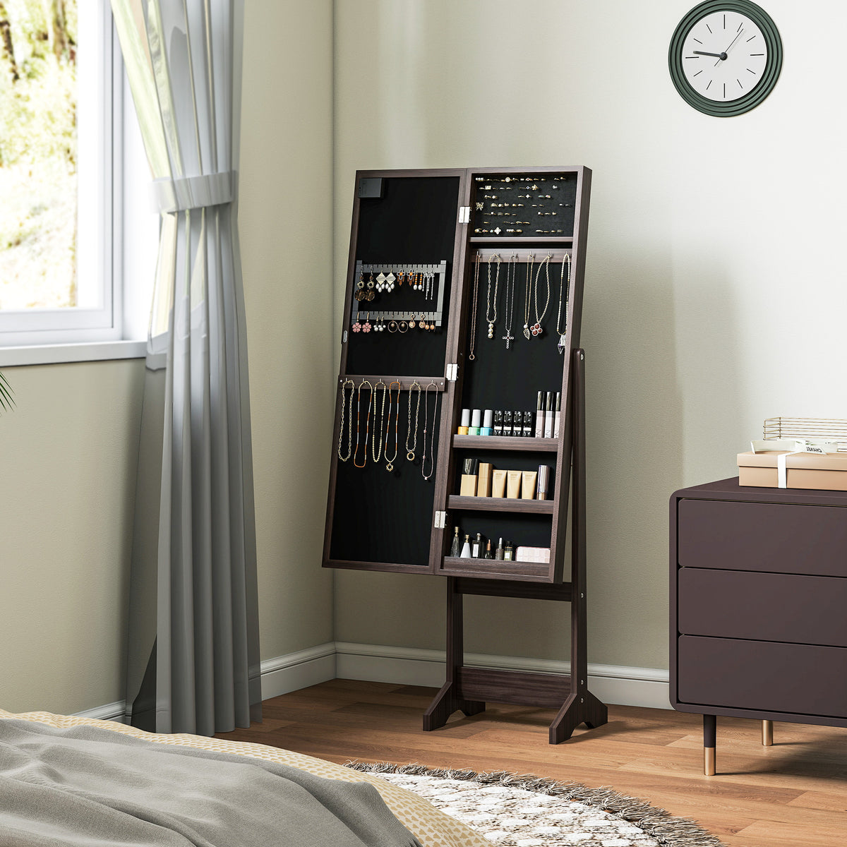 Armoire à Bijoux, Armoire de Rangement sur Pieds, Boîte à Bijoux avec Miroir Multi-Rangements Éclairage LED Marron Foncé